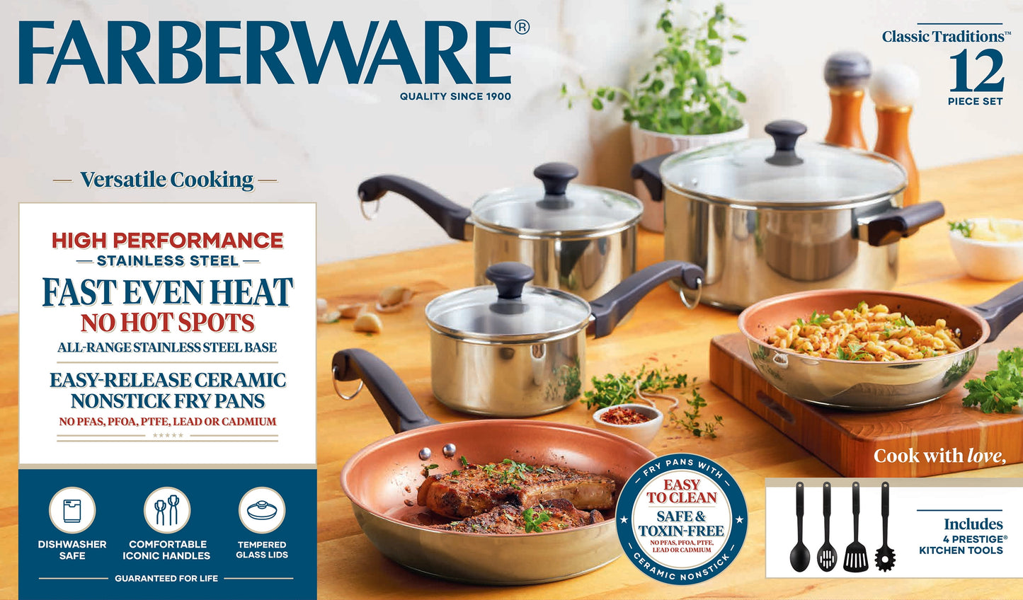 Classic Traditions 12-Piece Induction-Compatible Stainless Steel Cookware Set with Ceramic Nonstick Frying Pans and Cooking Utensils, Metal Utensil Safe and Dishwasher Safe