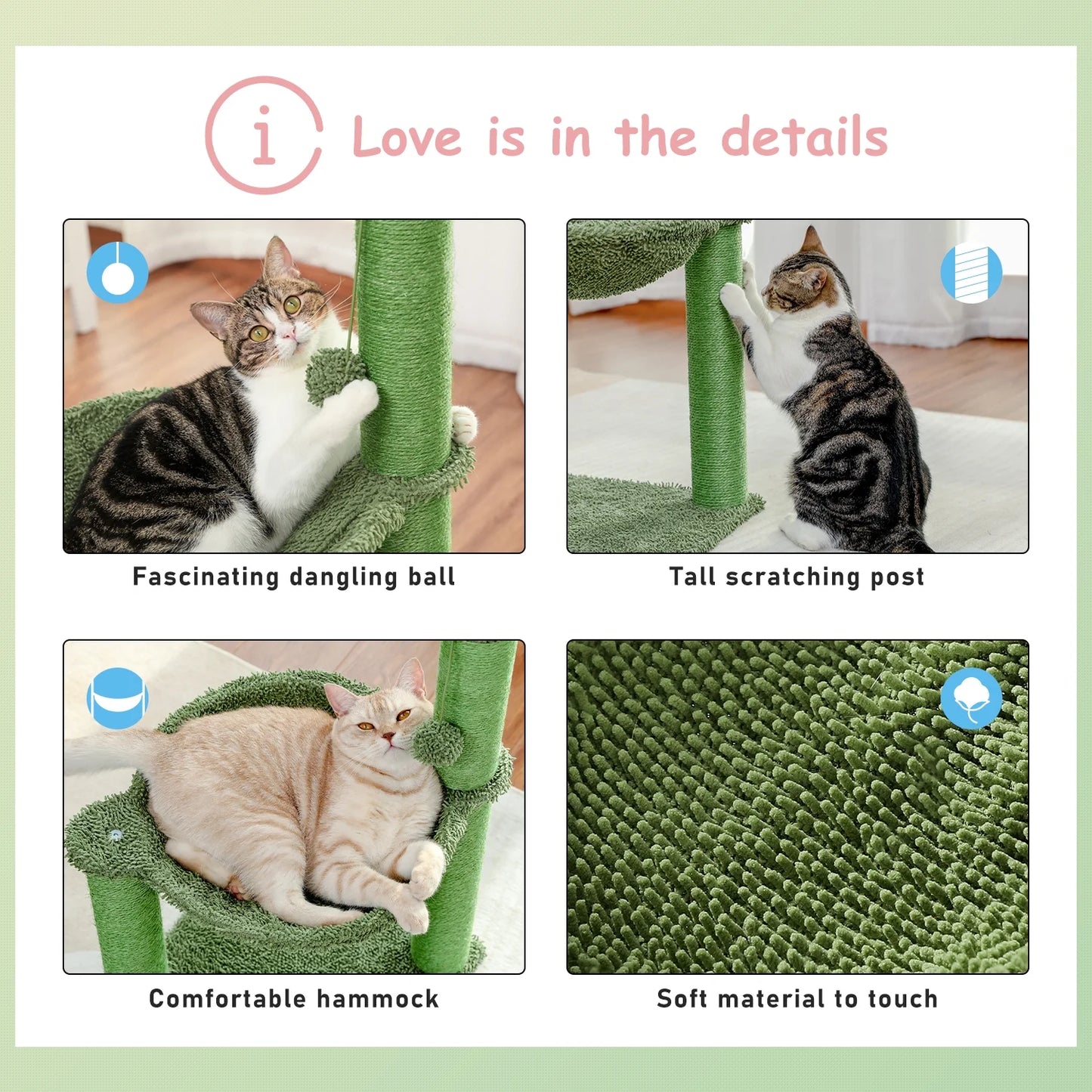 33-Inch Cactus Cat Scratching Post with Spacious Hammock for Indoor Cats - Green