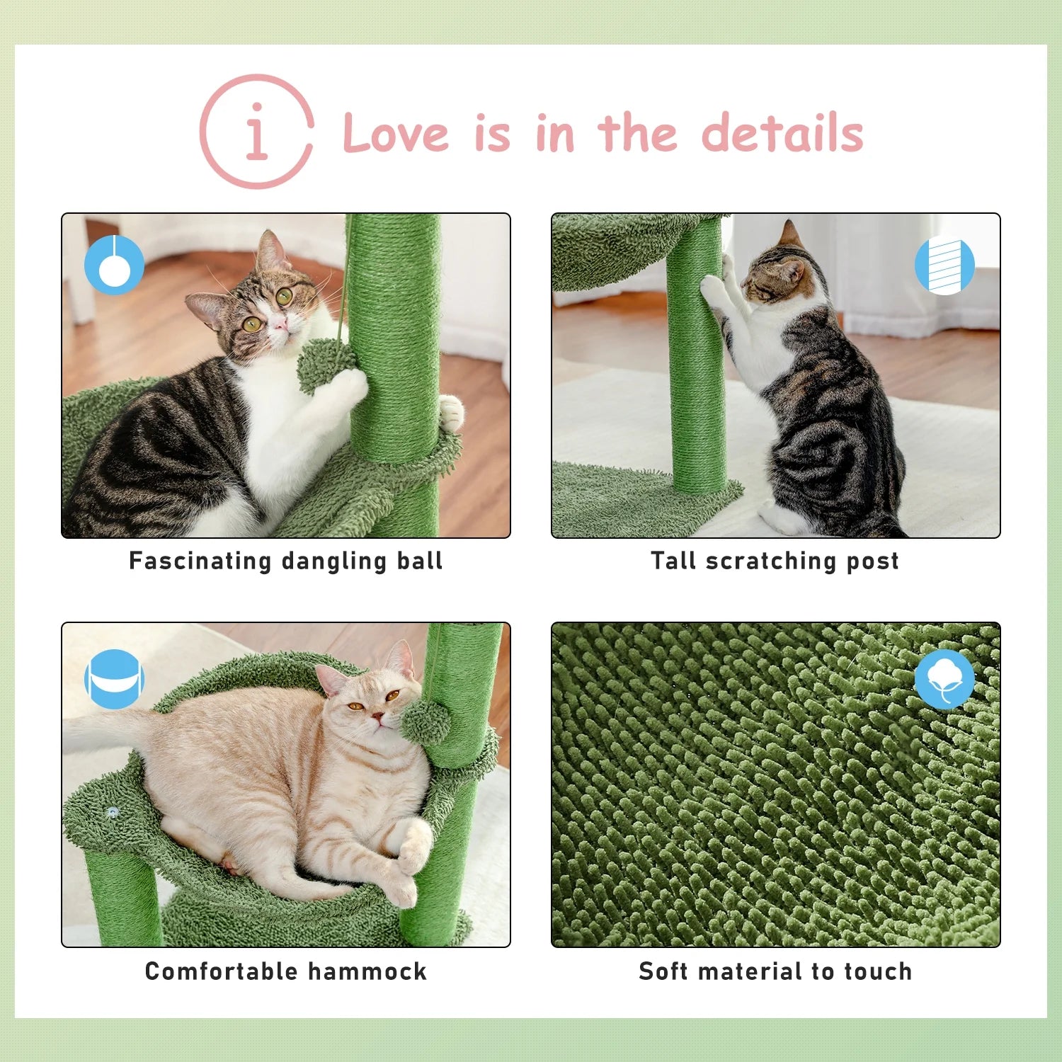 33-Inch Cactus Cat Scratching Post with Spacious Hammock for Indoor Cats - Green