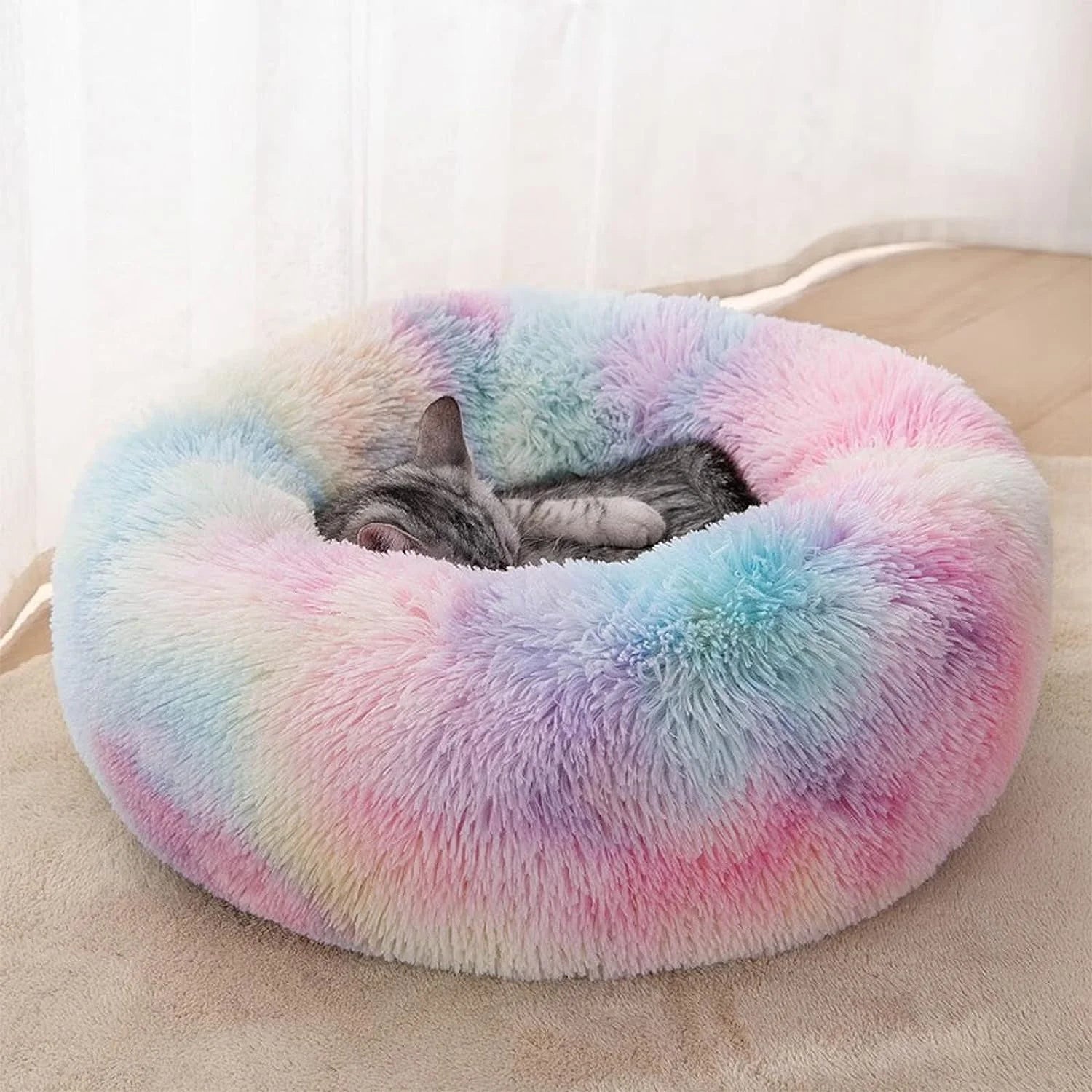 Anti-Anxiety Calming Donut Dog Bed - Self-Warming Plush Round Pet Bed for Home and Travel, 30"L x 30"W x 8"H