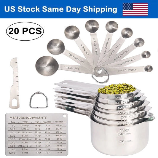 20 Pieces 18/8 Stainless Steel Measuring Cups & Spoons Set, Cups and Spoons,Kitchen Gadgets for Cooking & Baking