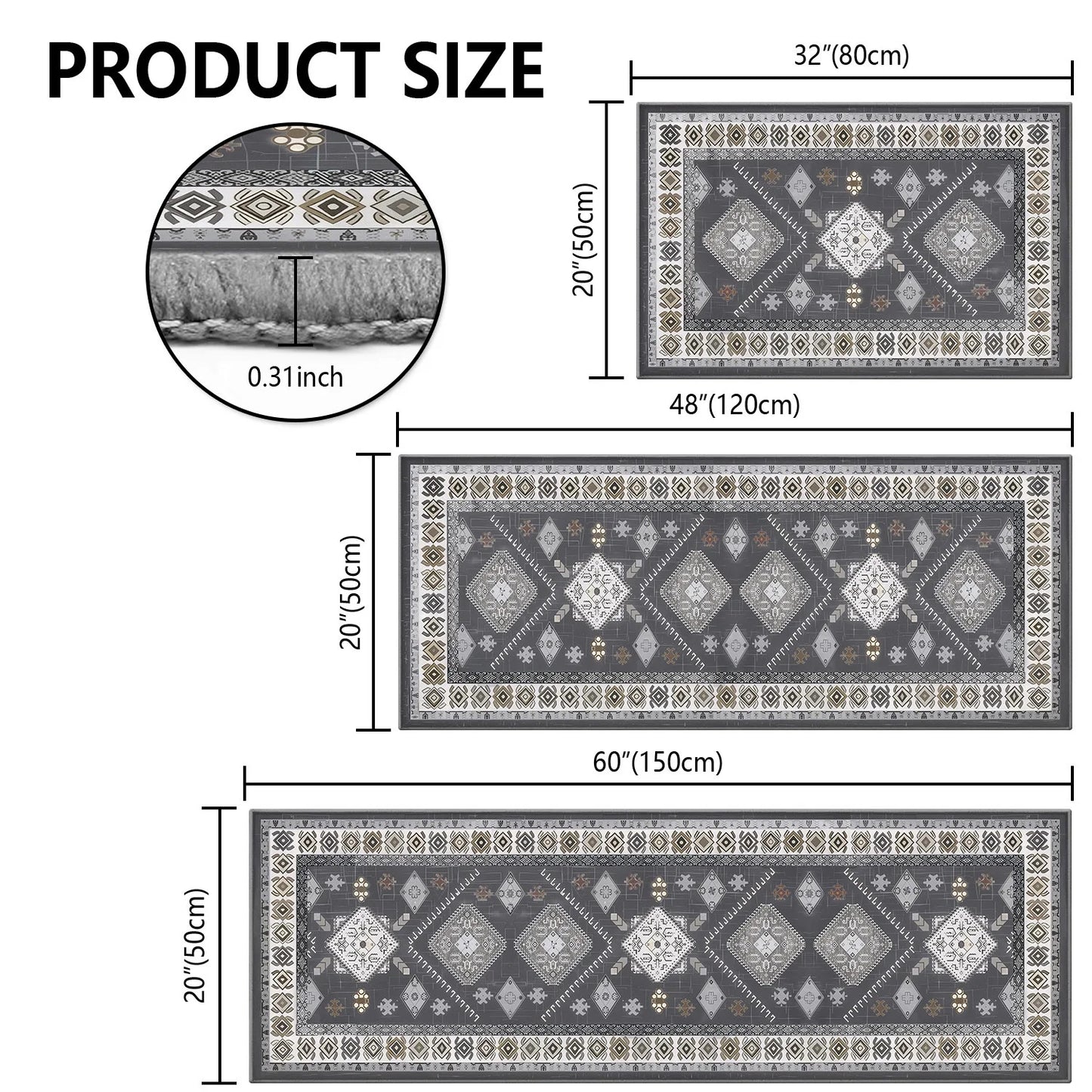 3-Piece Kitchen Rug Set, Non-Slip Machine Washable Mats, Farmhouse Hallway Doormat for Home and Living Room, Gray