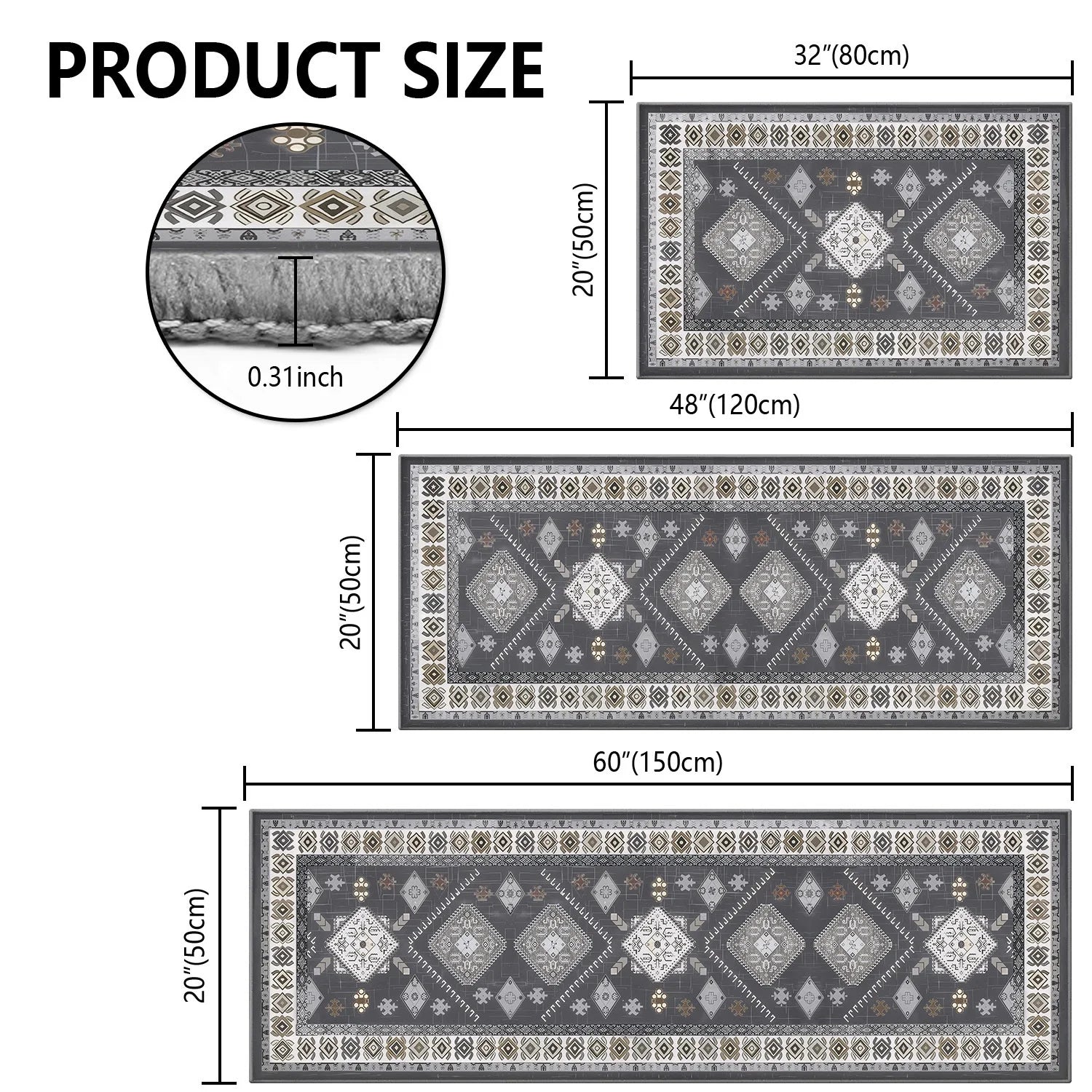 3-Piece Kitchen Rug Set, Non-Slip Machine Washable Mats, Farmhouse Hallway Doormat for Home and Living Room, Gray