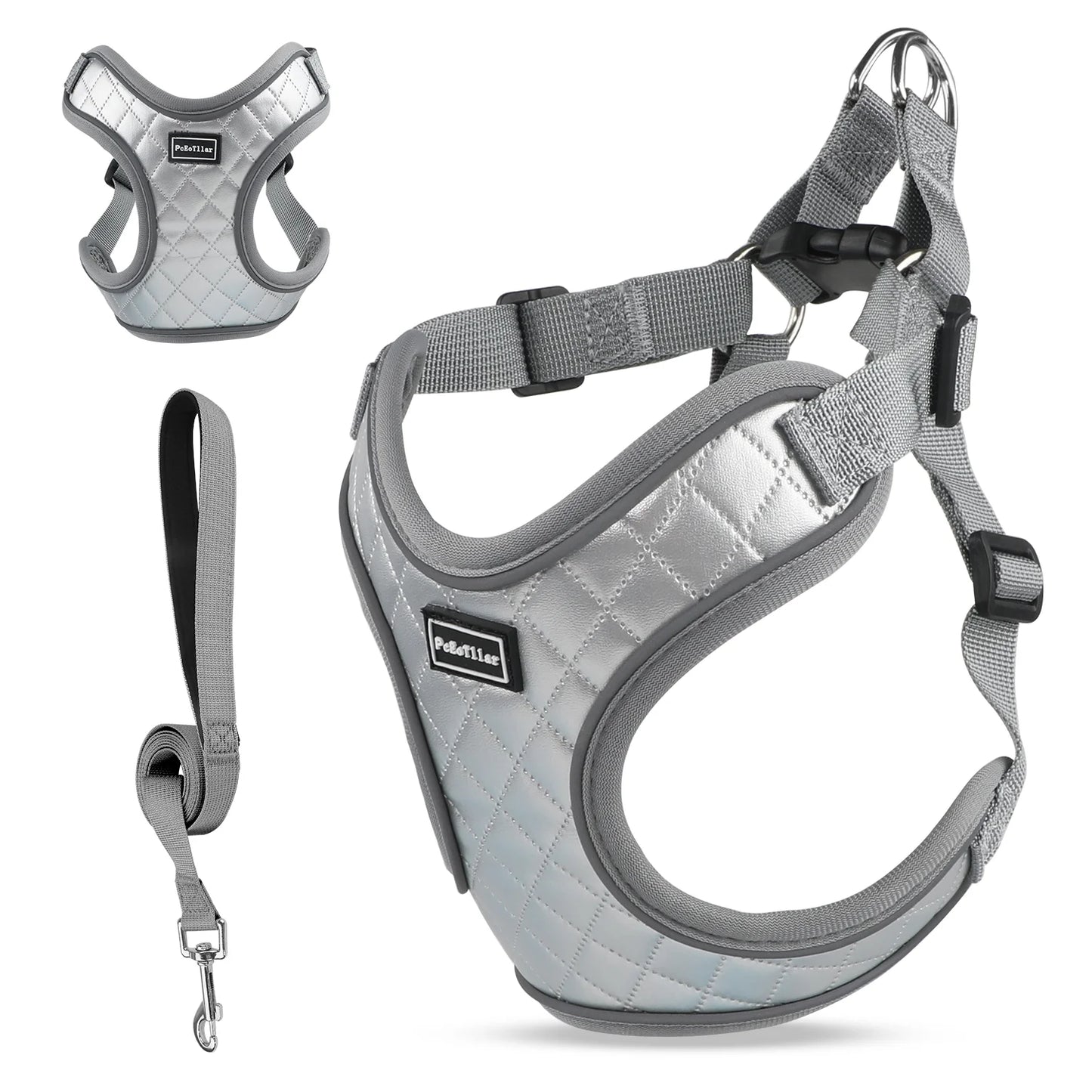 Adjustable Reflective Dog Harness and Leash Set, Escape-Proof No-Pull Vest for Small to Large Dogs, Gray, Size XS