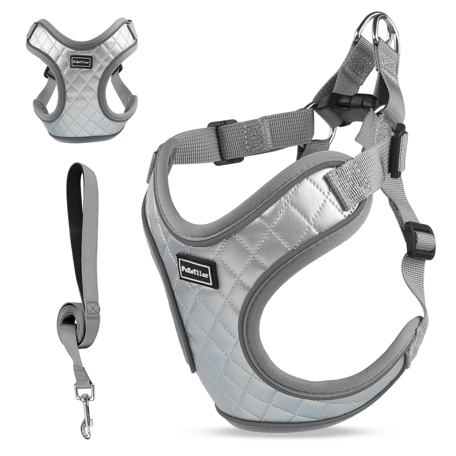 Adjustable Reflective Dog Harness and Leash Set, Escape-Proof No-Pull Vest for Small to Large Dogs, Gray, Size XS