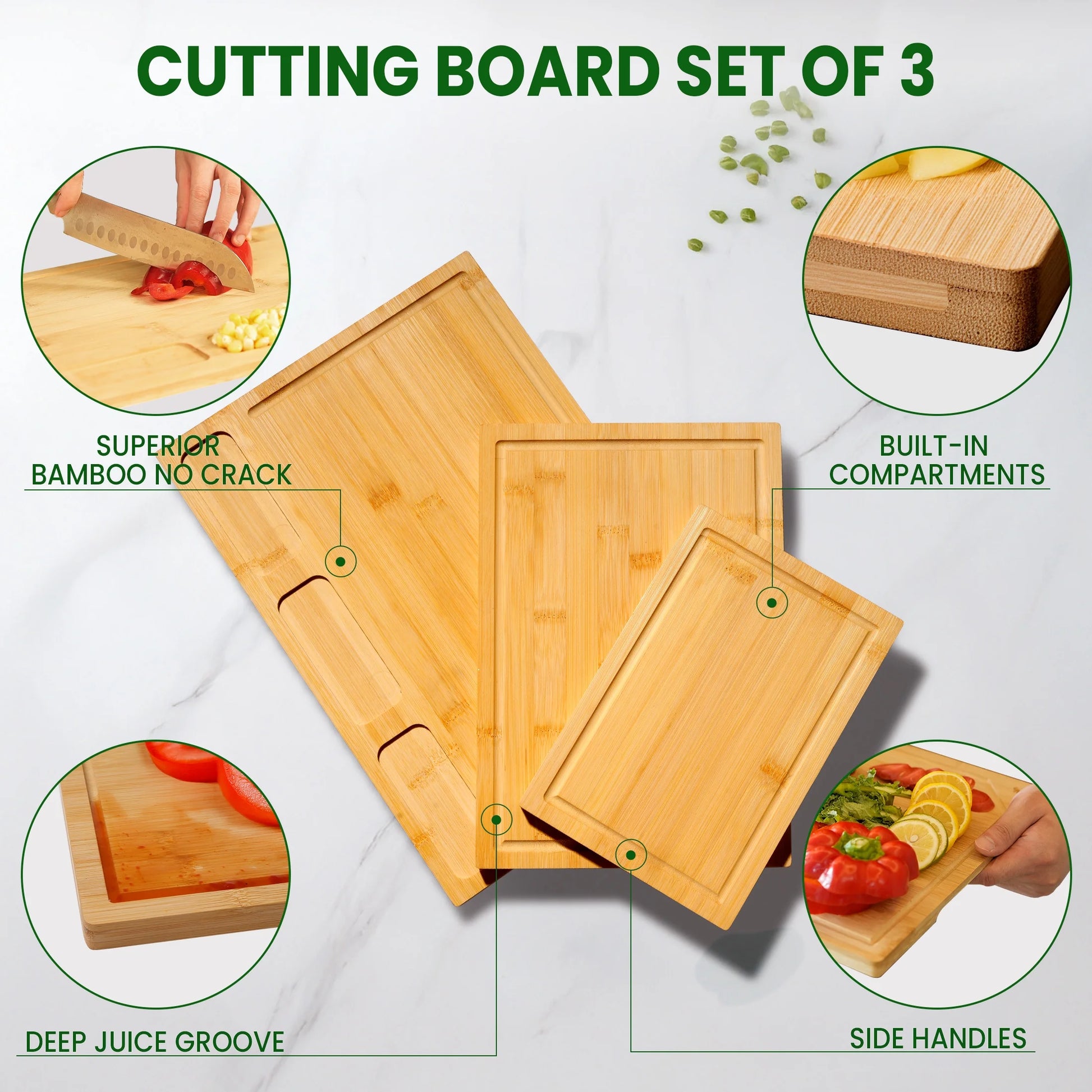 Cutting Board Set of 3, Bamboo Chopping Boards for Kitchen, Heavy Duty Wooden Serving Tray with Juice Groove