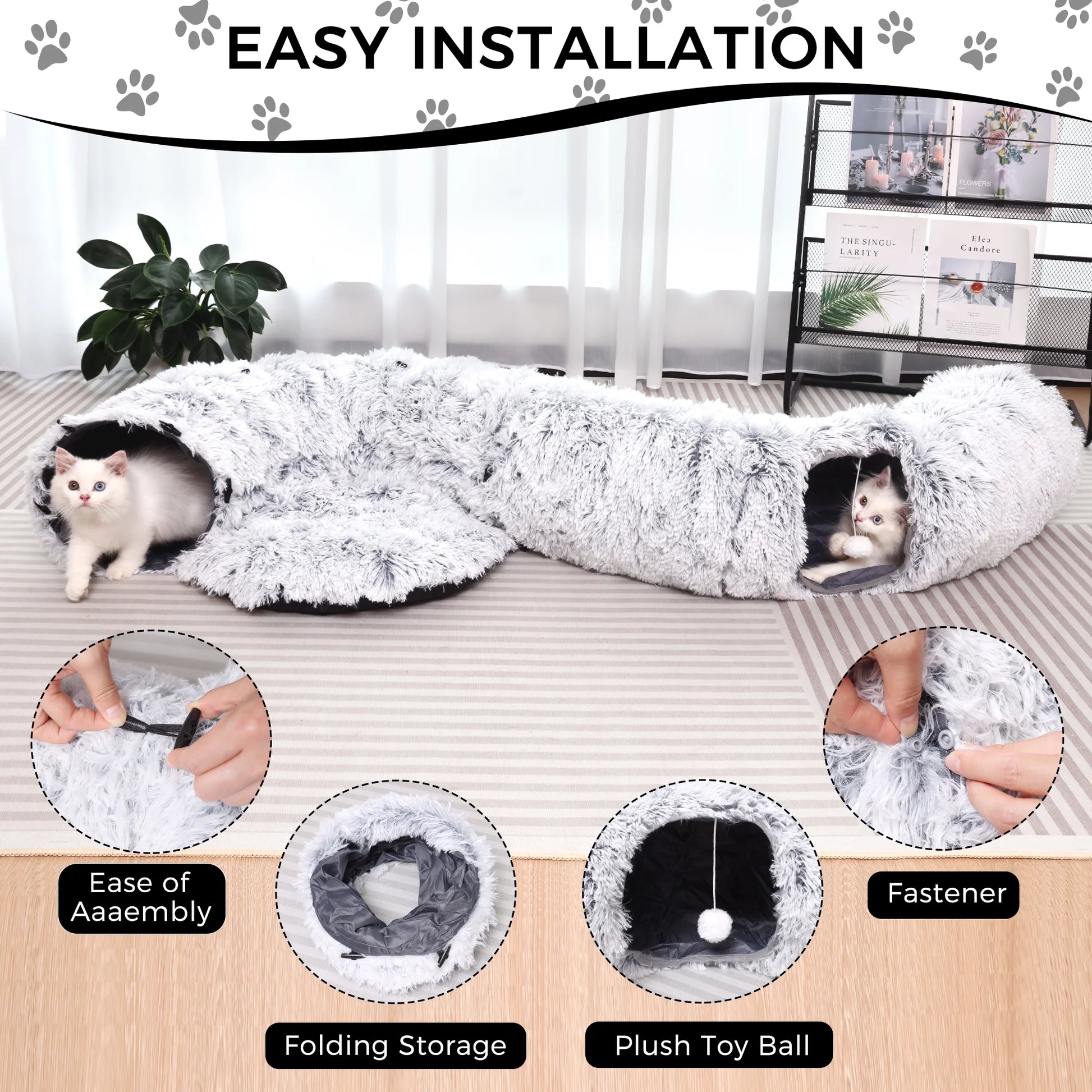 Multifunctional Plush Cat Tunnel with Integrated Bed for Indoor Cats, Suitable for Small to Large Cats, Kittens, Rabbits, and Puppies