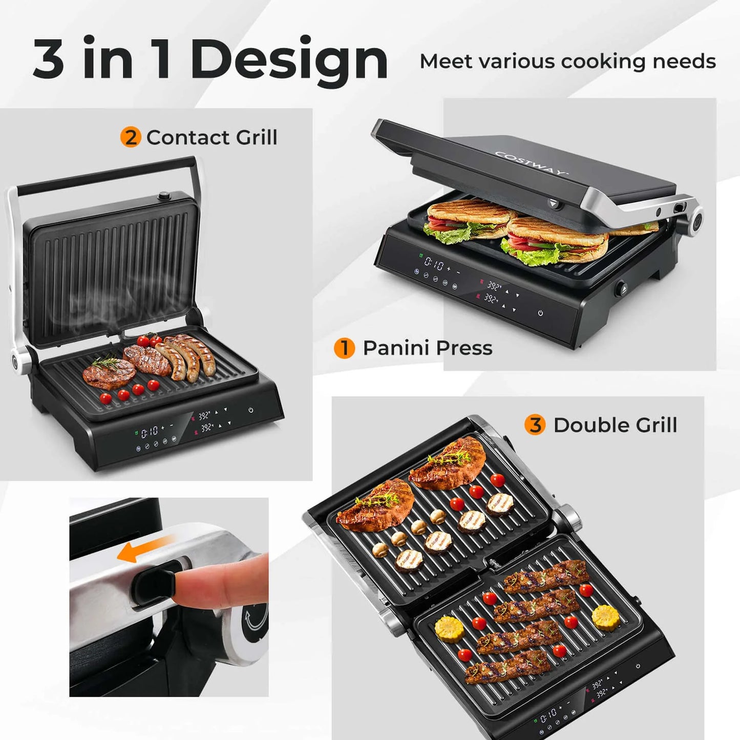 Electric Panini Press Grill Sandwich Maker with LED Display & Removable Drip Tray