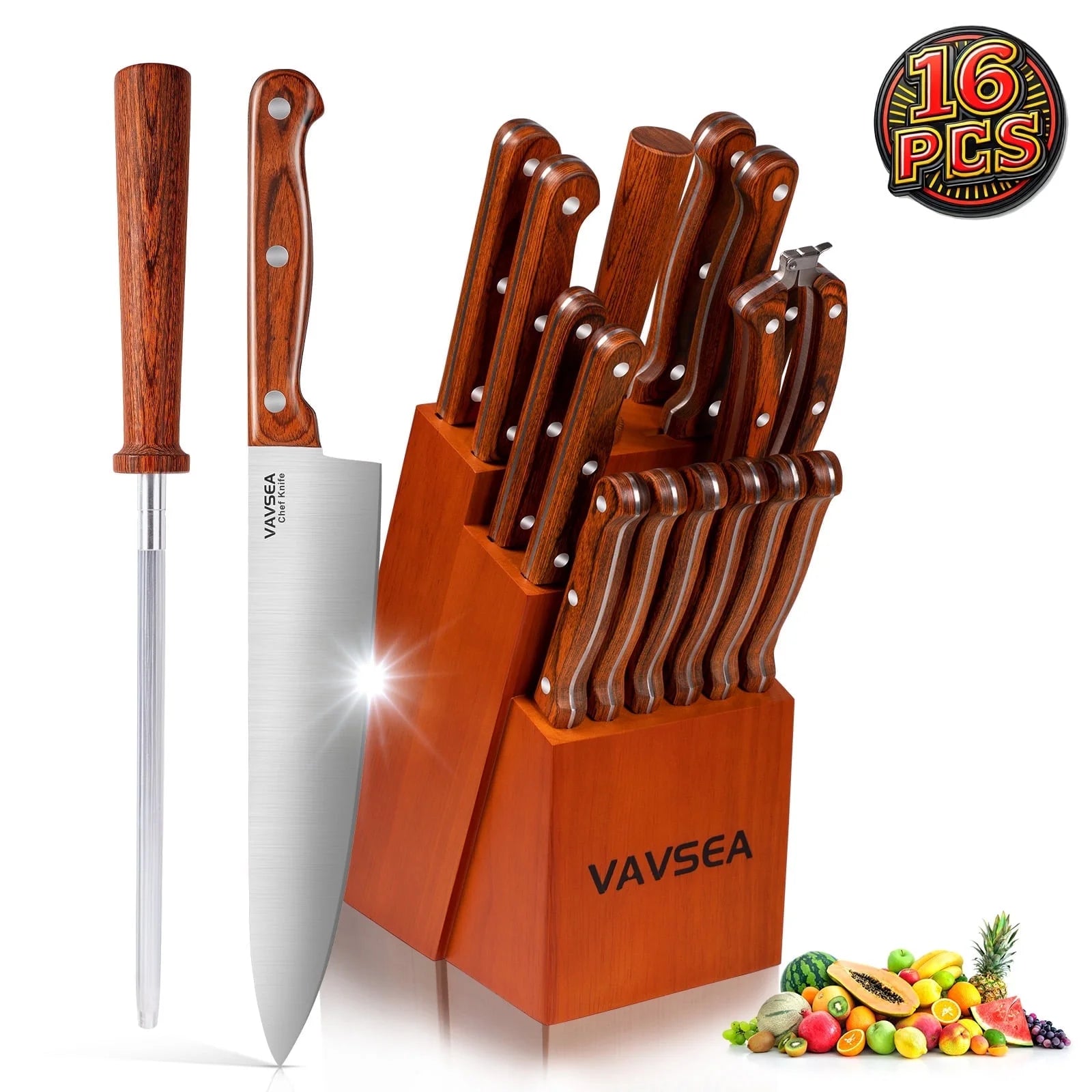 Knife Block Set, 16 Pieces Kitchen Knife Set with Block Walnut, Stainless Steel Knife Set for Gift, Home