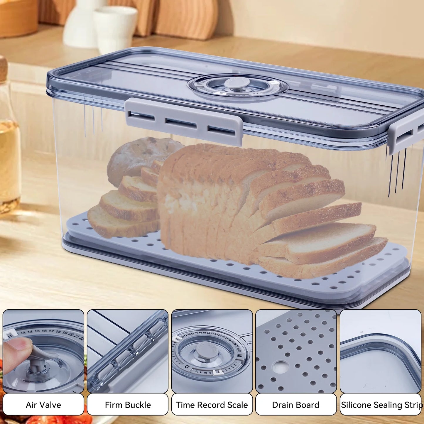 Airtight Bread Box with Lid ,Time Recording, Kitchen Countertop Storage Container,Store Bread, Toast, Donut and Fruits,Gray