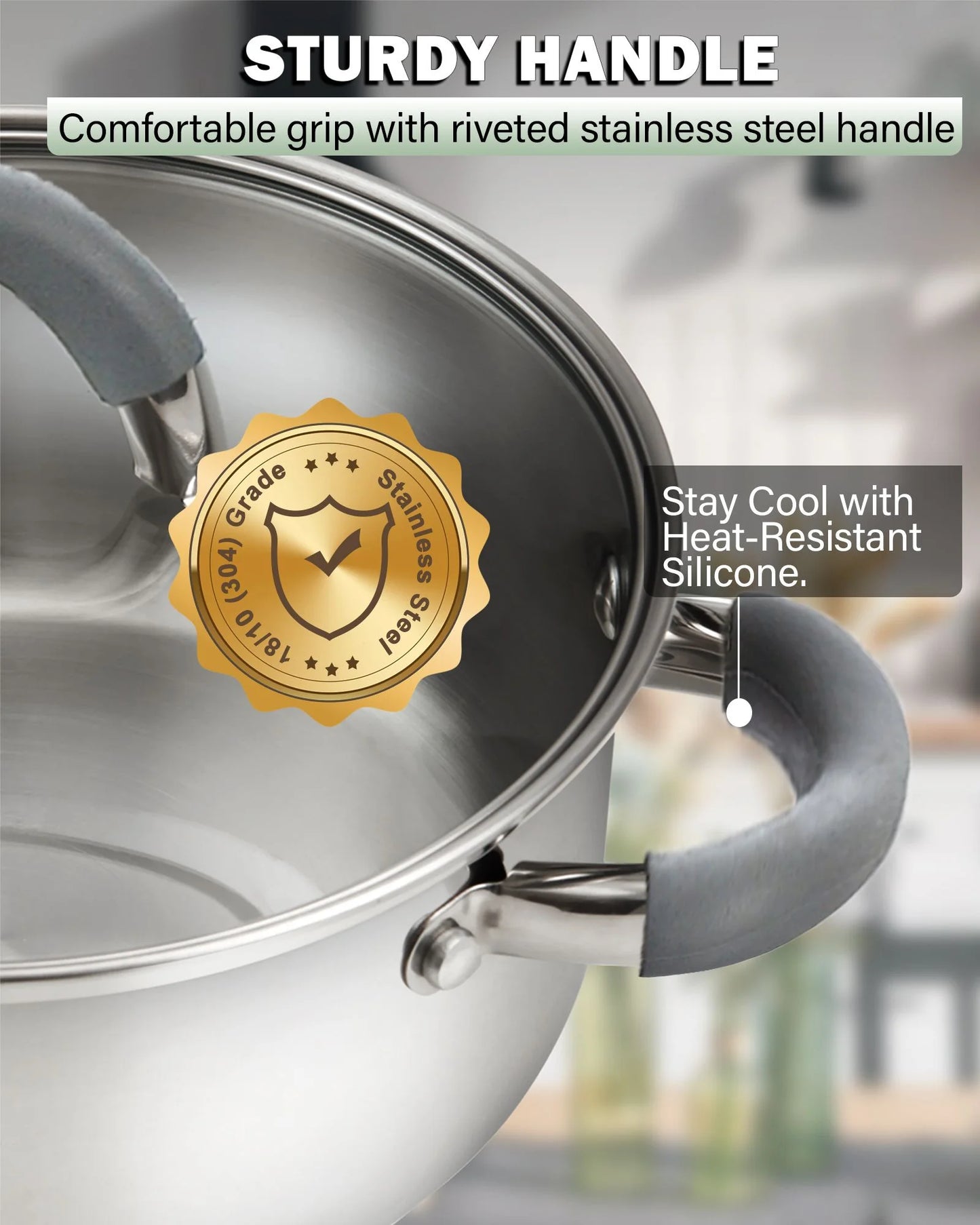 Kitchen Cookware Sets, 12-Piece Basic Stainless Steel Pots and Pans with Grey Silicone Handles, Silver