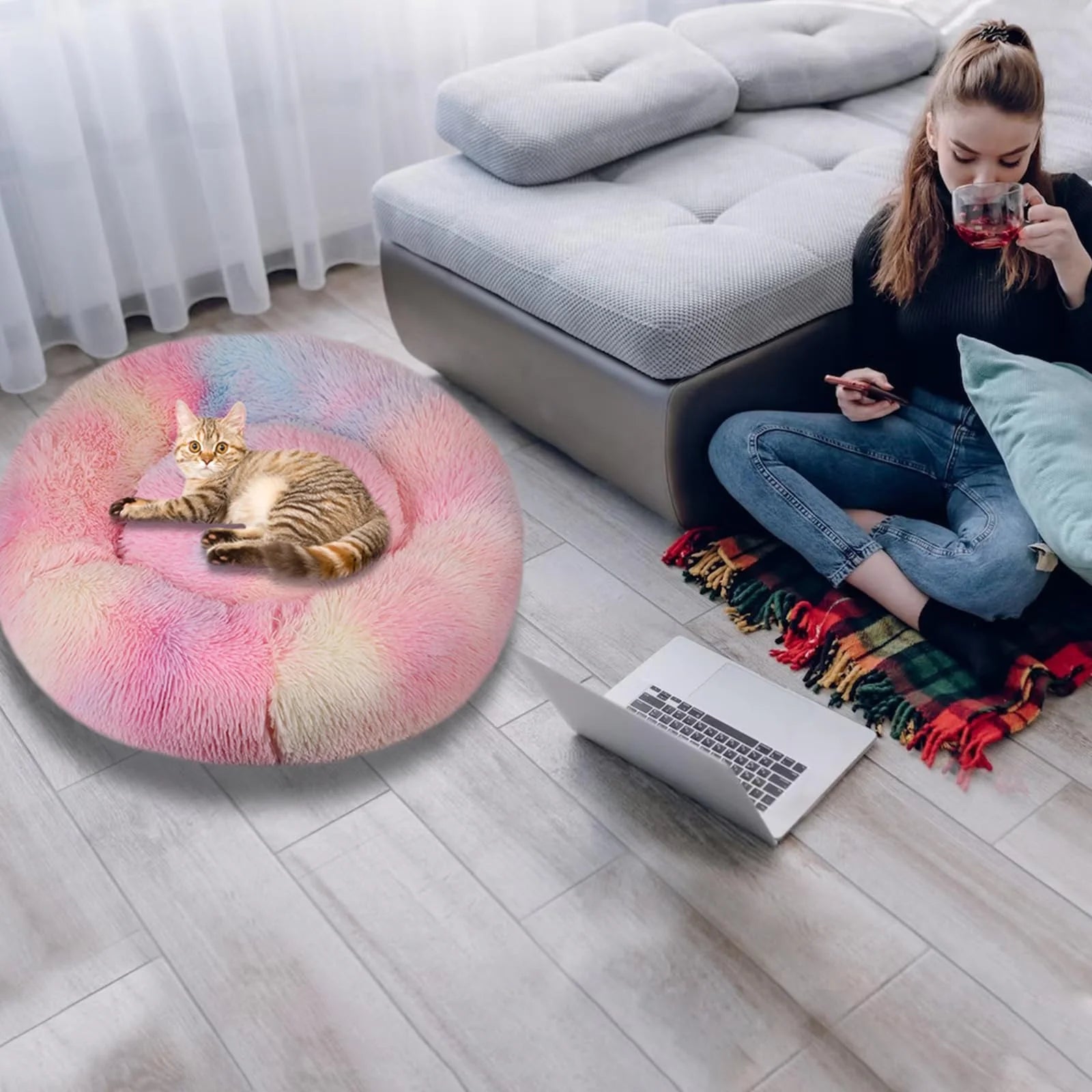 Anti-Anxiety Calming Donut Dog Bed - Self-Warming Plush Round Pet Bed for Home and Travel, 30"L x 30"W x 8"H