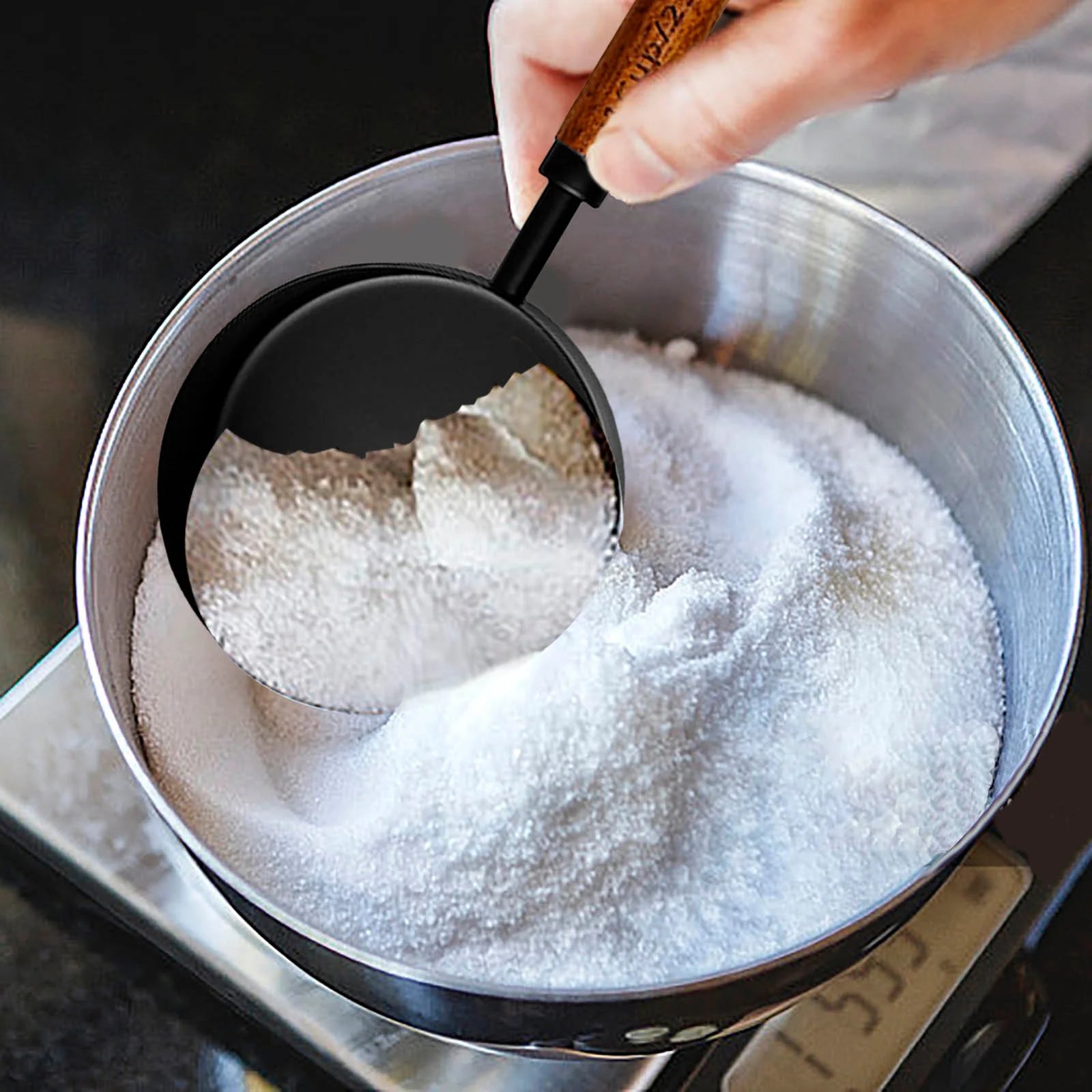 Measuring Cups and Spoons Black Measuring Cups with Wooden Handle Stainless Steel Measuring Spoons and Scoops Set for Kitchen Flour Spice Seasoning Measurement Set of 4