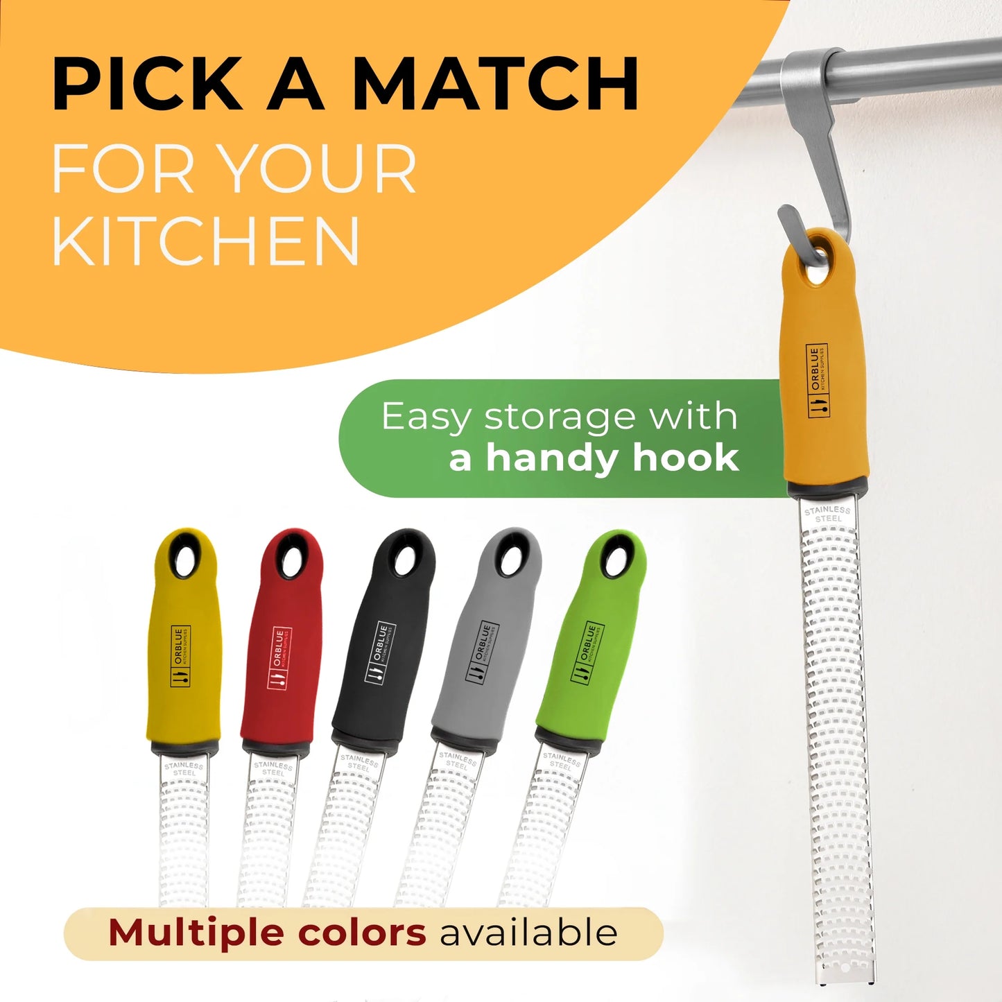 Lemon Zester & Cheese Grater - Premium Citrus Zester, Kitchen Grater for Parmesan, Chocolate, Fruits, Vegetables, Ginger, Garlic, Nutmeg - Stainless Steel Blades with Protective Cover, Orange