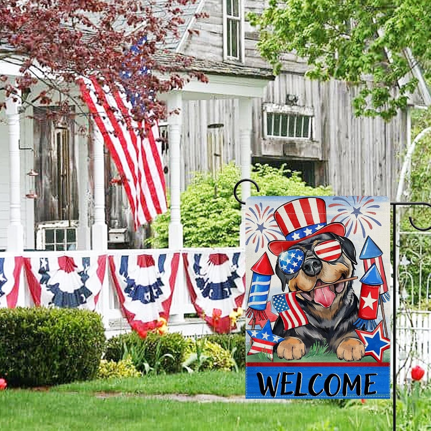 Welcome 4Th of July Rottweiler Dog Patriotic Decorative Garden Flag, America Pet