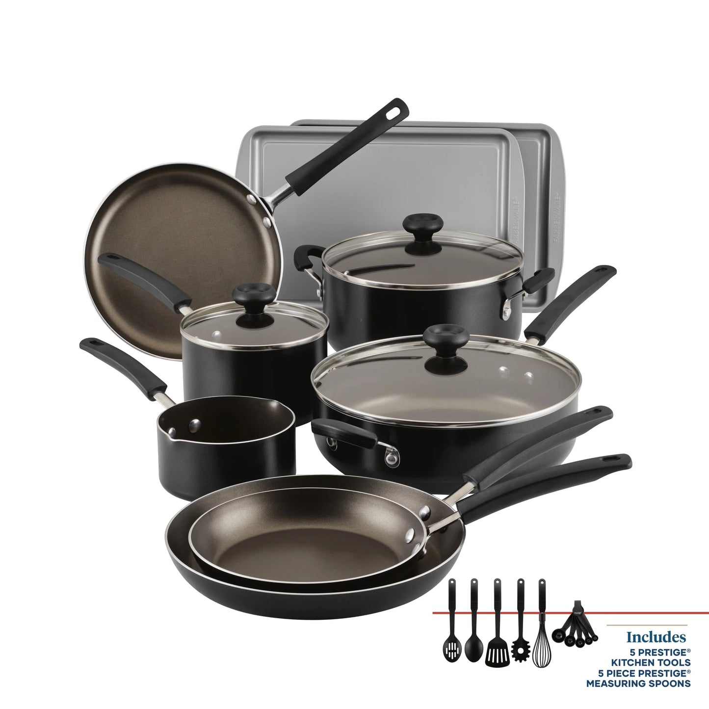 22-Piece Nonstick Cookware Set with Griddle Pan and Cooking Tools, Dishwasher Safe, Black