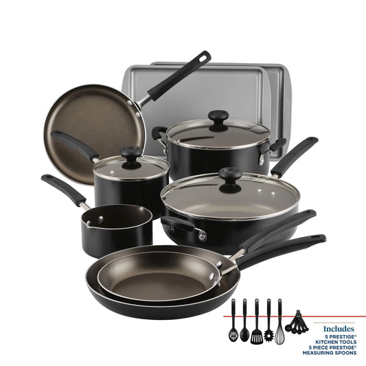 22-Piece Nonstick Cookware Set with Griddle Pan and Cooking Tools, Dishwasher Safe, Black