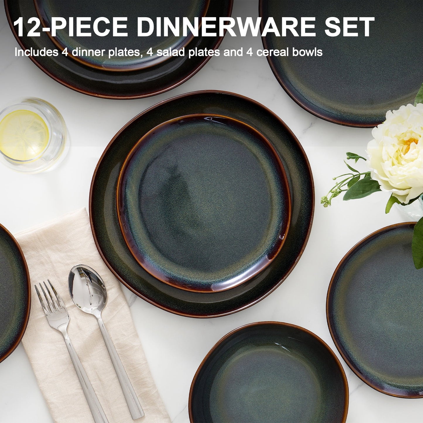 Dinnerware Set for 4, 12 Pieces Premium Stoneware Plates and Bowls Set, Handmade Reactive Glaze Dishes for Home, Chip & Scratch Resistant, Microwave and Dishwasher Safe - Forest Green