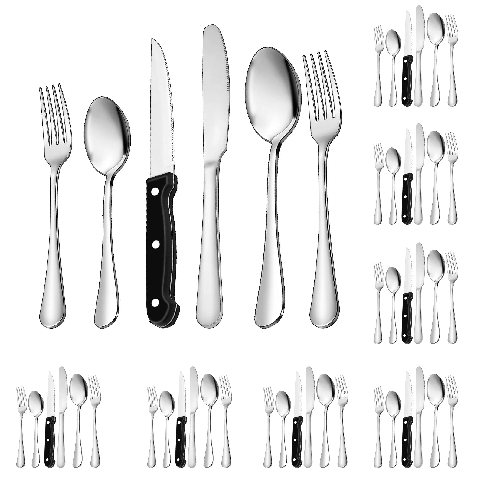49-Piece Silverware Set with Flatware Drawer Organizer, Durable Stainless Steel Cutlery Set for 8, Mirror Polished Kitchen Utensils Tableware Service with Steak Knives Dinner Fork Knife Spoon & Tray