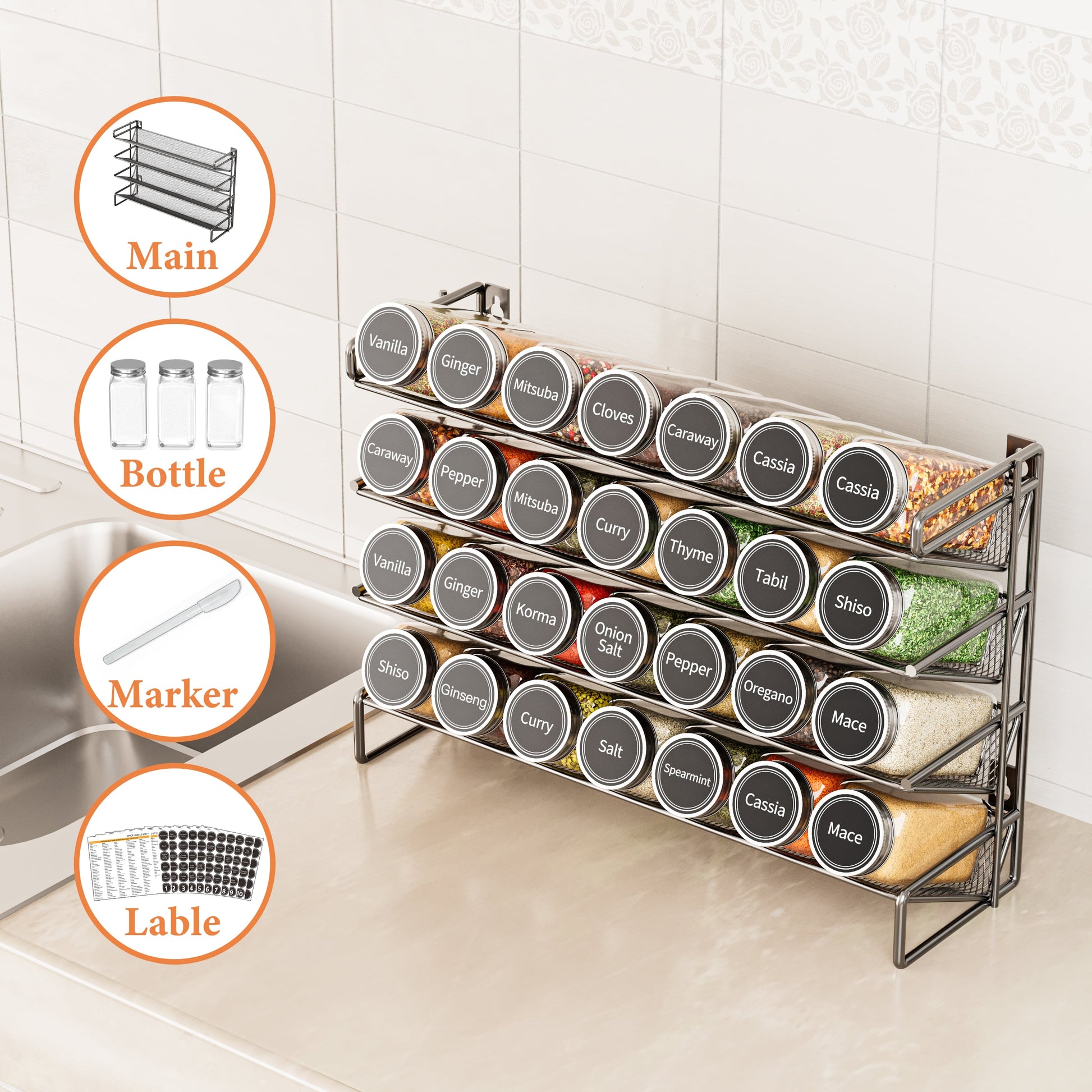 Spice Rack Organizer with 28 Jars, 4.33"D X 13.33"W X 10.5"H, Black