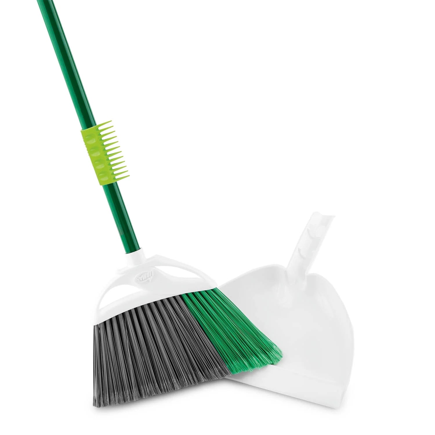 Household Angle Broom and Dust Pan W/Clean Fibers Comb Green / White