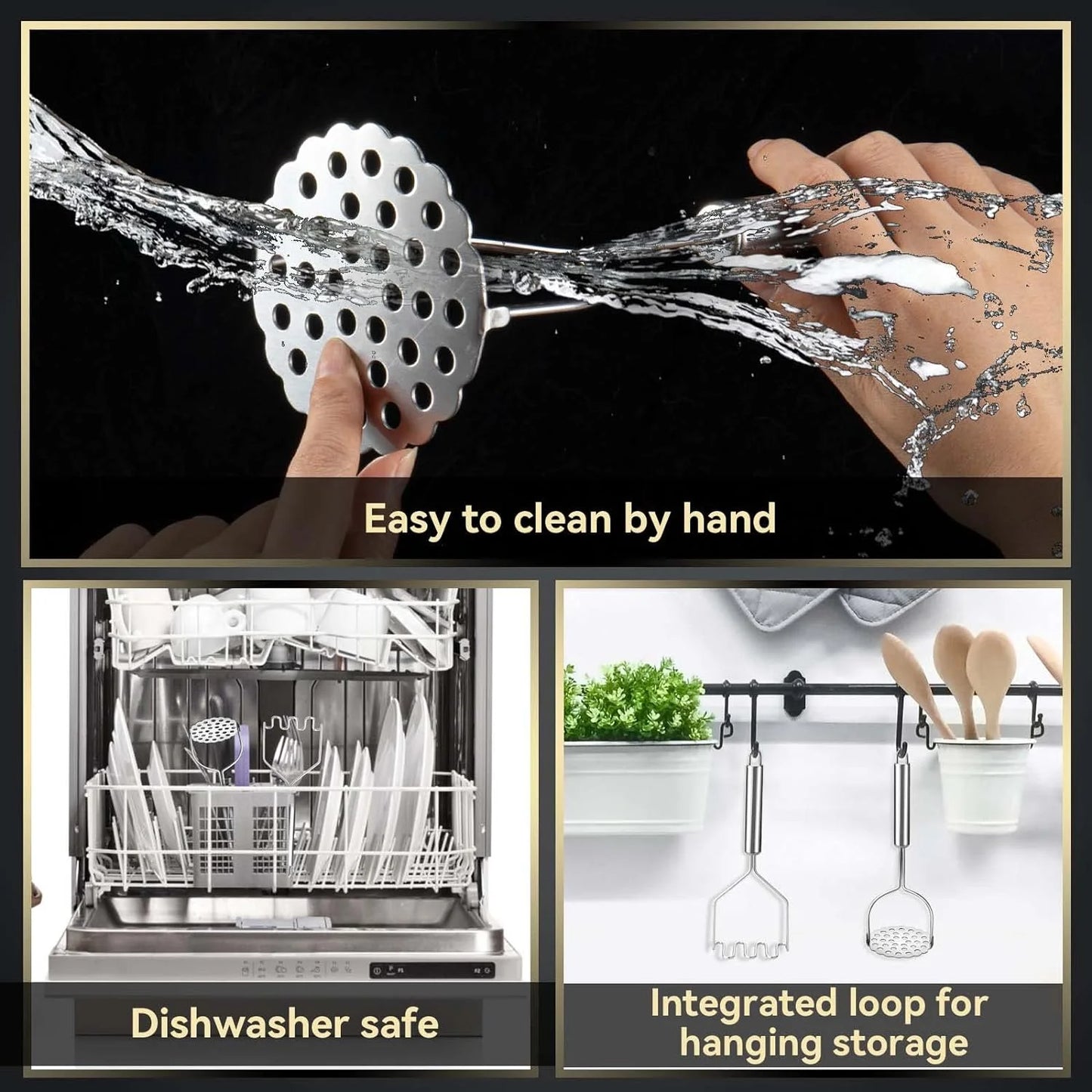 2 Pcs Potato Masher, Heavy Duty Stainless Steel Integrated Masher Kitchen Tool Wire Masher for Potatoes, Avocados, Beans, or Fruit & Vegetables