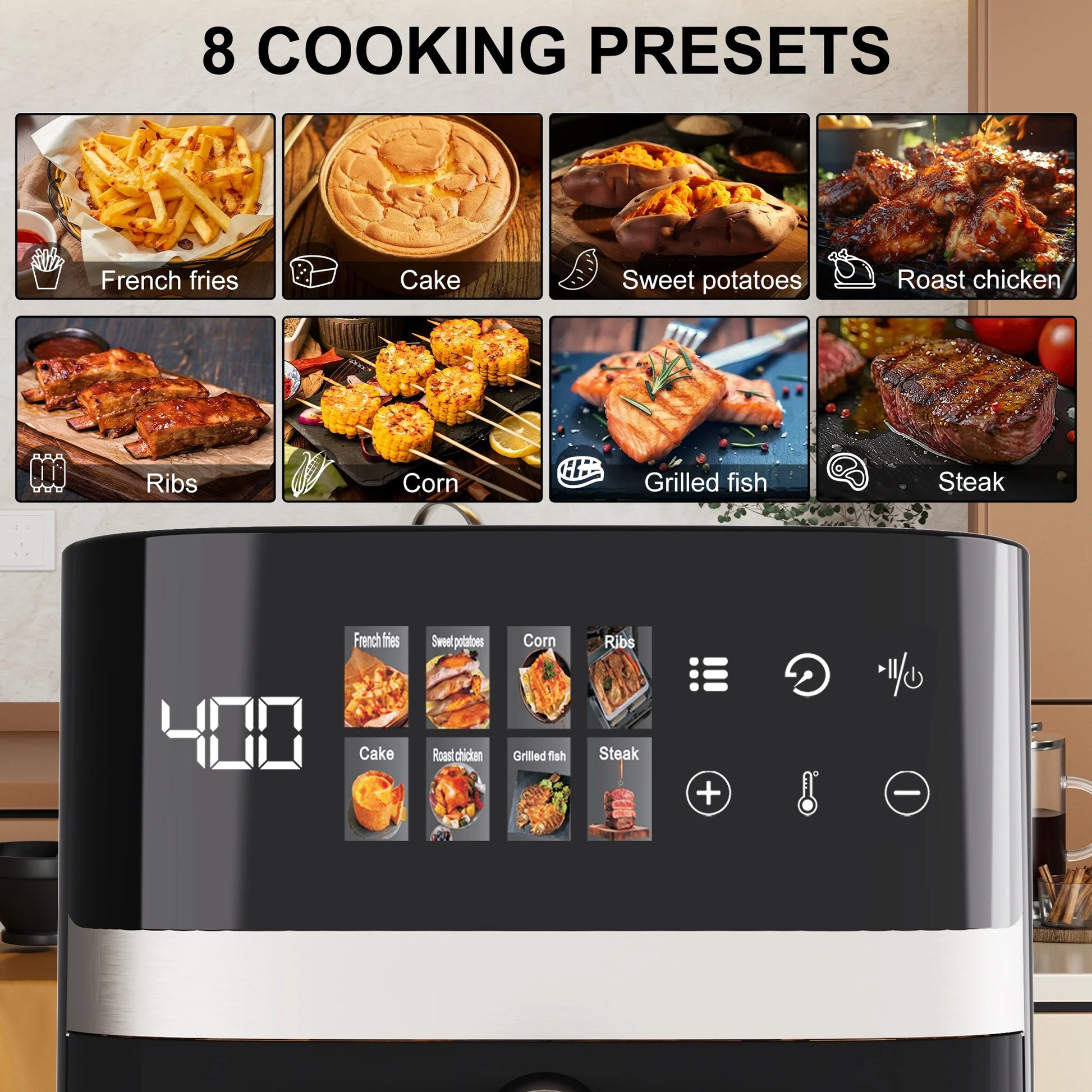 6QT 8-in-1 Electric Air Fryer with Digital LED Touchscreen and Visible Window, 1500W, Black