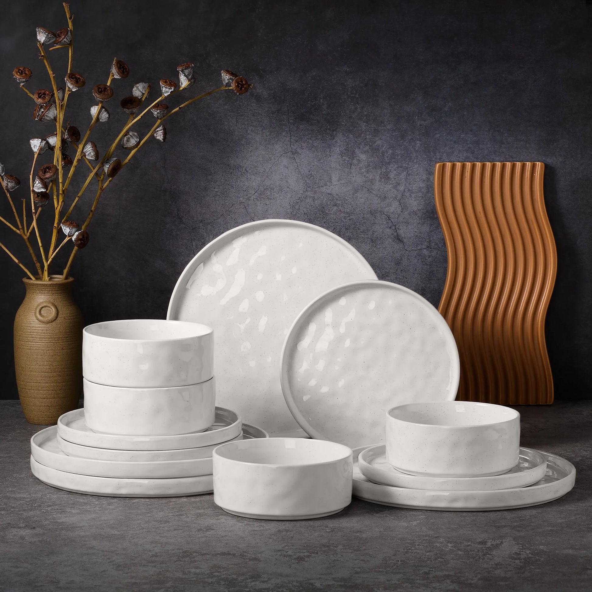12-Piece Stoneware Dinnerware Set for Four, Elegant Speckled White Ceramic Plates and Bowls for Home and Restaurant Use