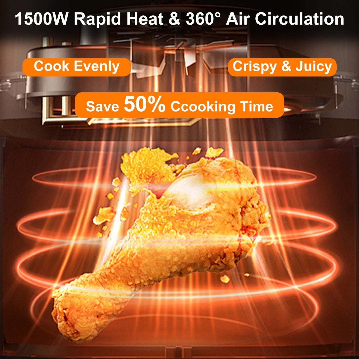 6QT 8-in-1 Electric Air Fryer with Digital LED Touchscreen and Visible Window, 1500W, Black