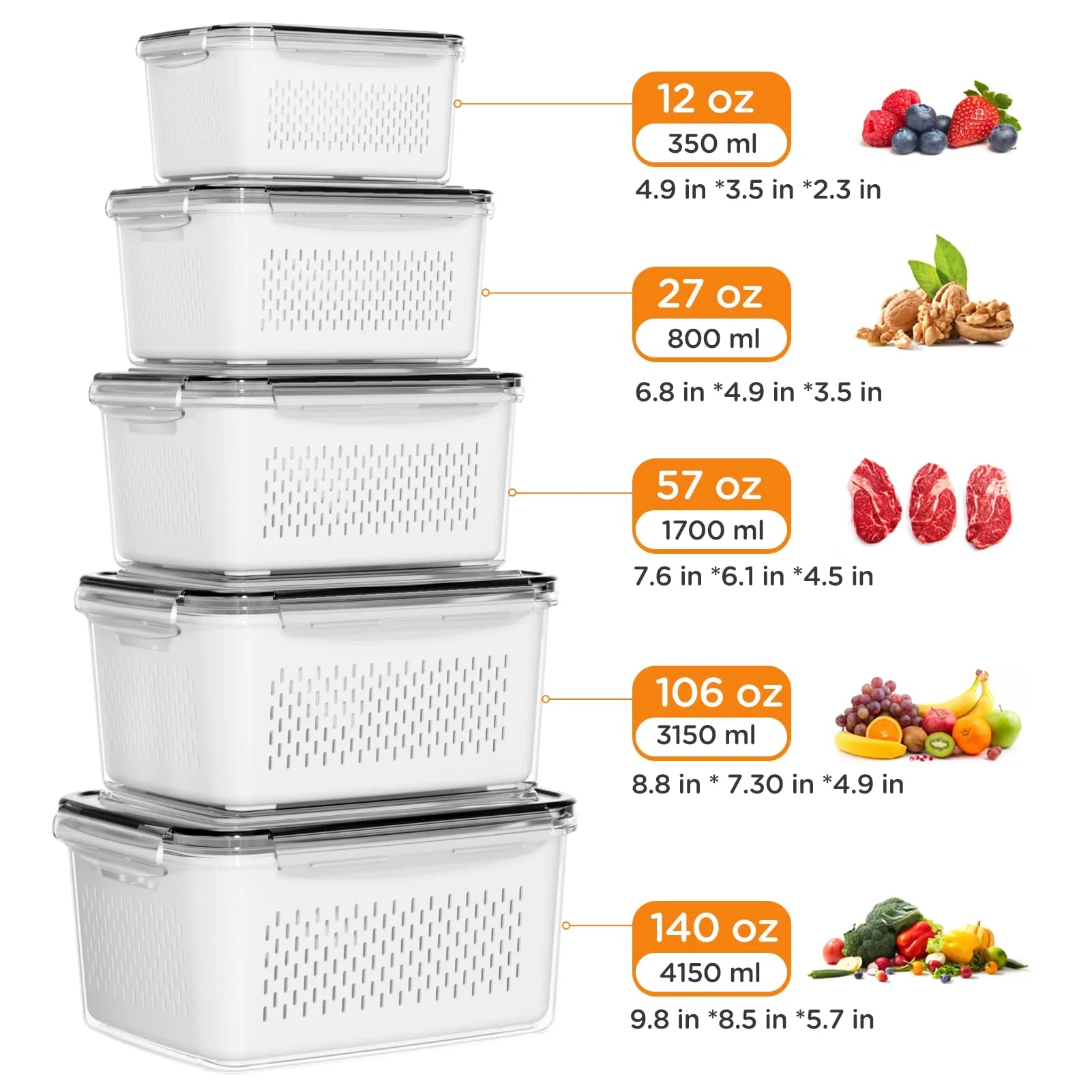 5 Pack Fruit Storage Containers for Fridge with Removable Colanders and Lids - Thumbnail 4