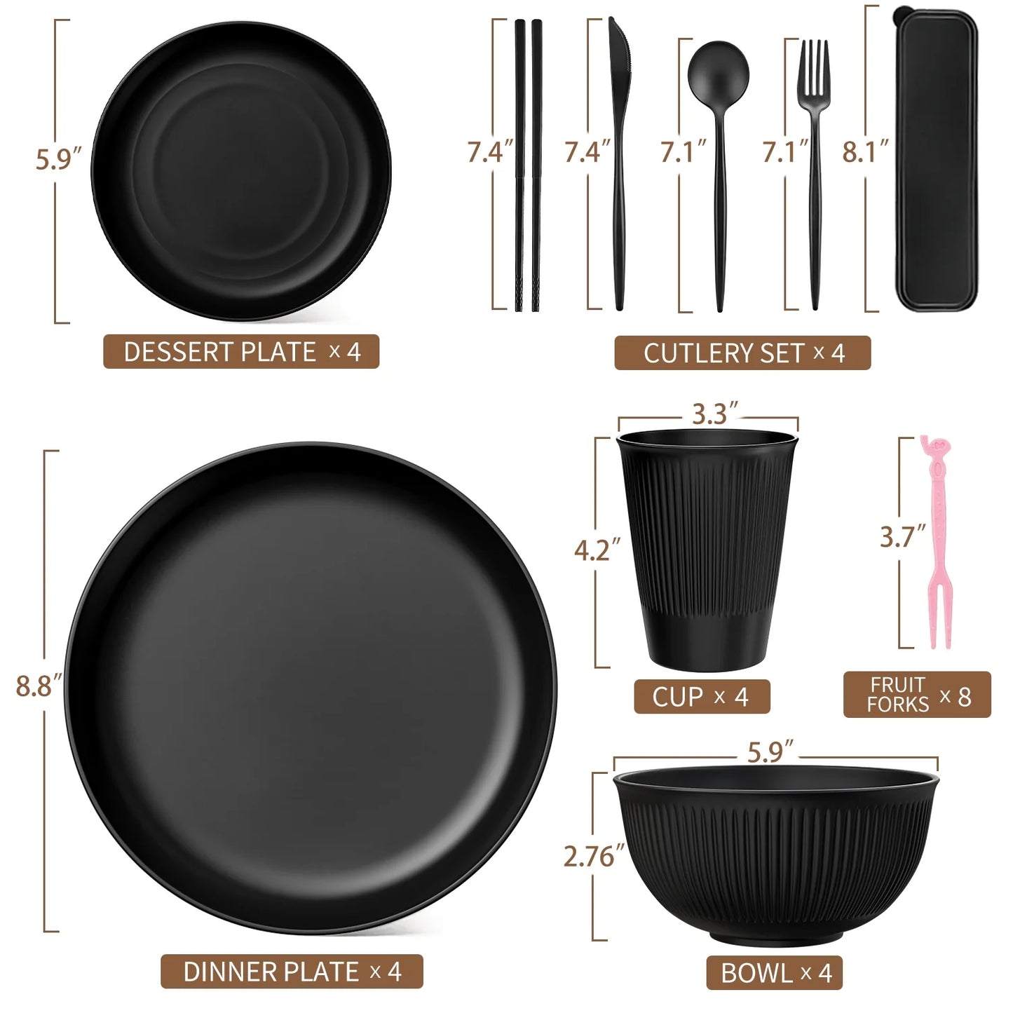 Wheat Straw Dinnerware Set, Service for 4, 48 PCS Unbreakable Plastic Plates and Bowls Sets, Dishwasher Microwave Safe, Black