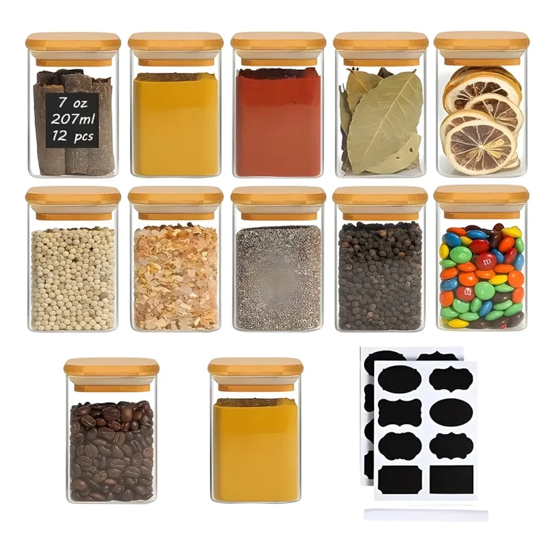 12 Square Glass Spice Jars with Natural Bamboo Lids