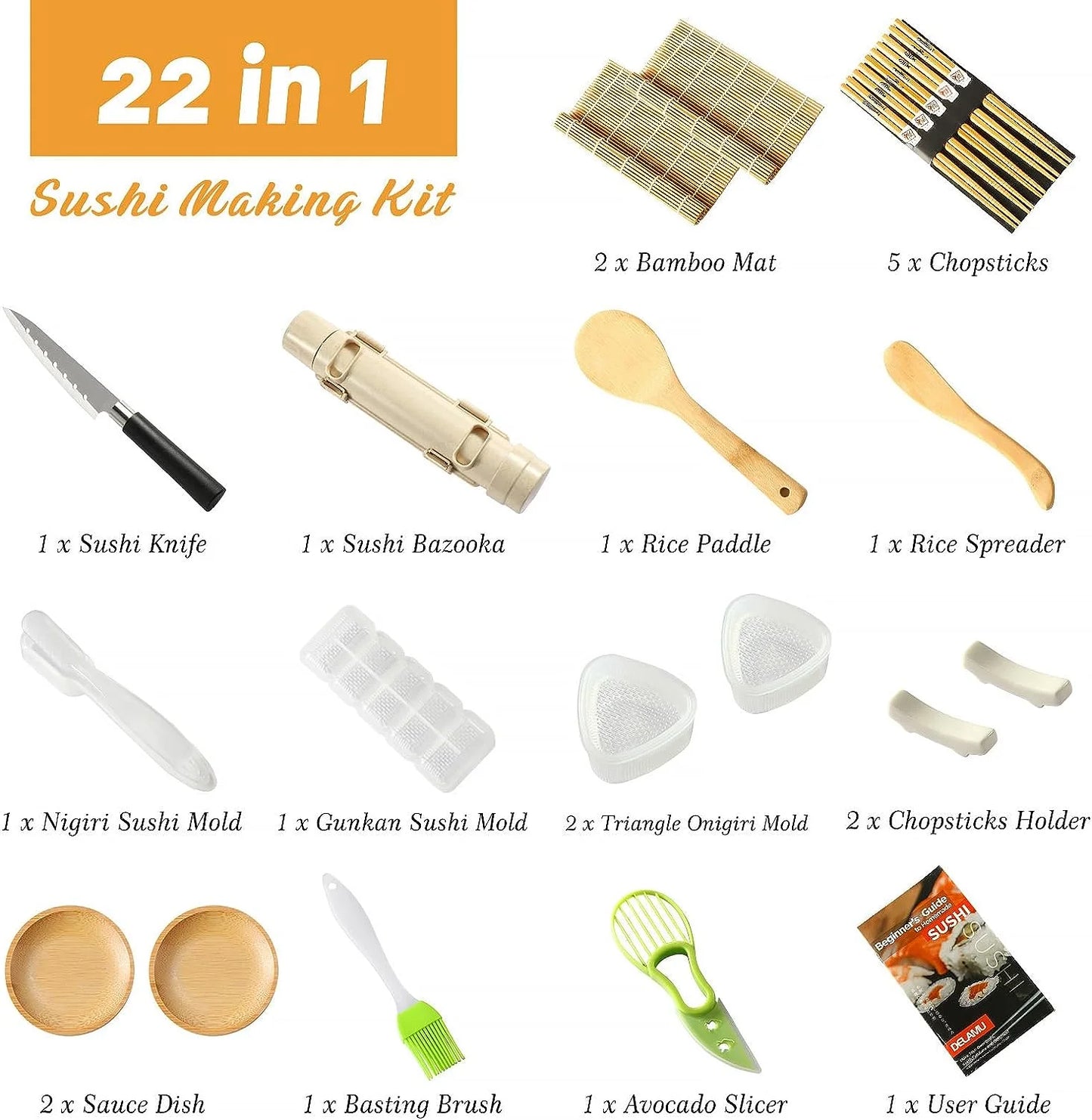 Sushi Making Kit,  22 in 1 Sushi Maker Bazooker Roller Tools with Bamboo Mats