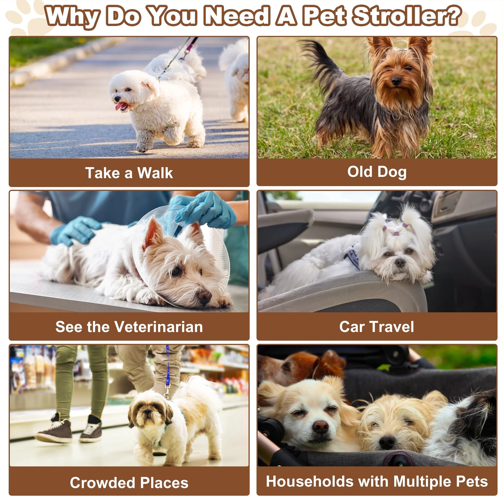 4-Wheel Foldable Pet Stroller 3-in-1 with Waterproof Detachable Travel Carrier for Small to Medium Dogs and Cats up to 60 lbs, Brown