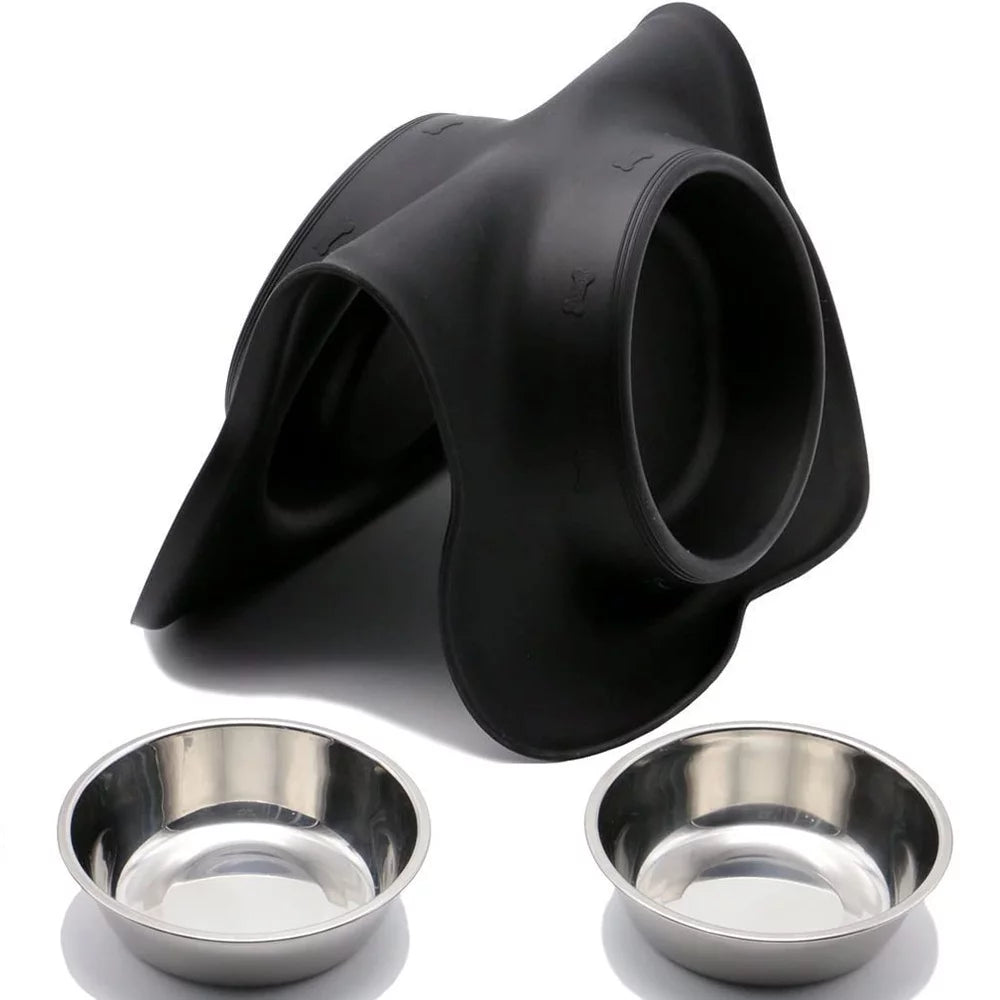 Dog Bowls, Double Dog and Cat Bowls with Anti-Overflow and Anti-Skid Food Mat, Small Dog and Cat Feeding Water and Bowls, 14.00 X 8.20 X 1.10 Inches