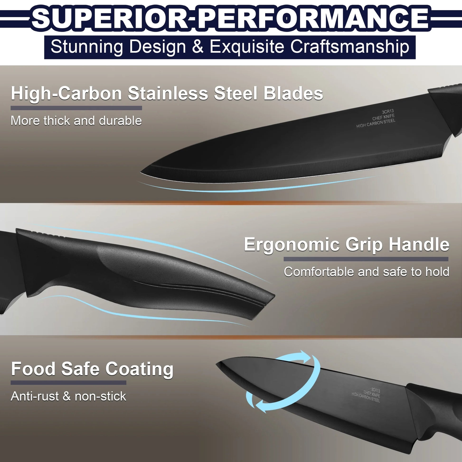 15-Piece High Carbon Stainless Steel Kitchen Knife Set with Self-Sharpening Block - Black