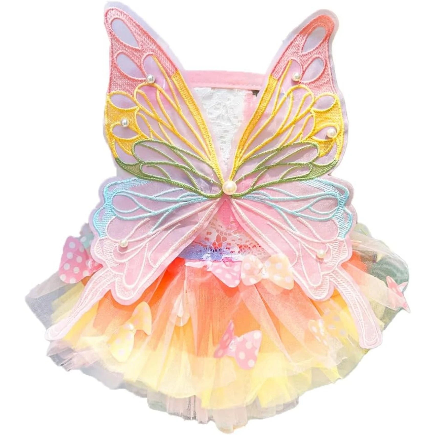 Rainbow Butterfly Dog Princess Dress - Playful Pet Apparel with Wings for Small Dogs and Cats, Ideal for Halloween, Birthdays, and Weddings