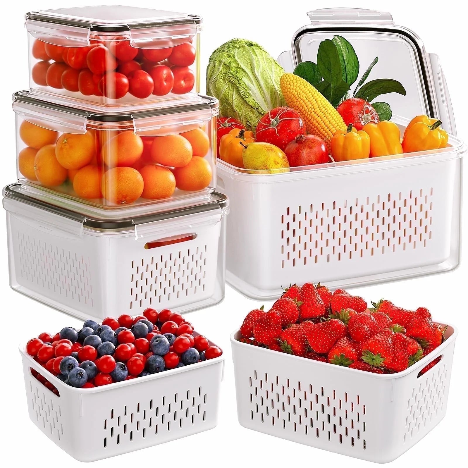 5 Pack Fruit Storage Containers for Fridge with Removable Colanders and Lids