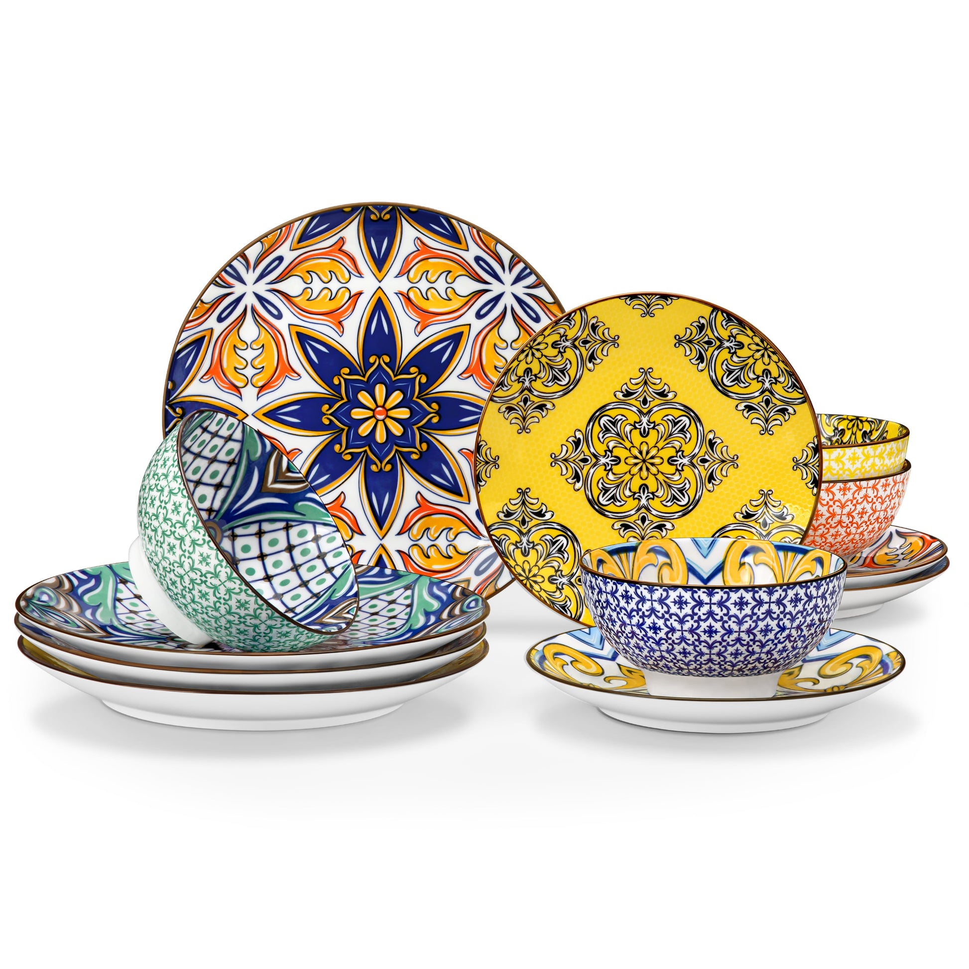 Malacasa 12 Pcs Dinnerware Sets, Ceramic Plates and Bowls Set, Porcelain Tableware Dishwasher Microwave Safe, Serves for 4 People, Colorful 1
